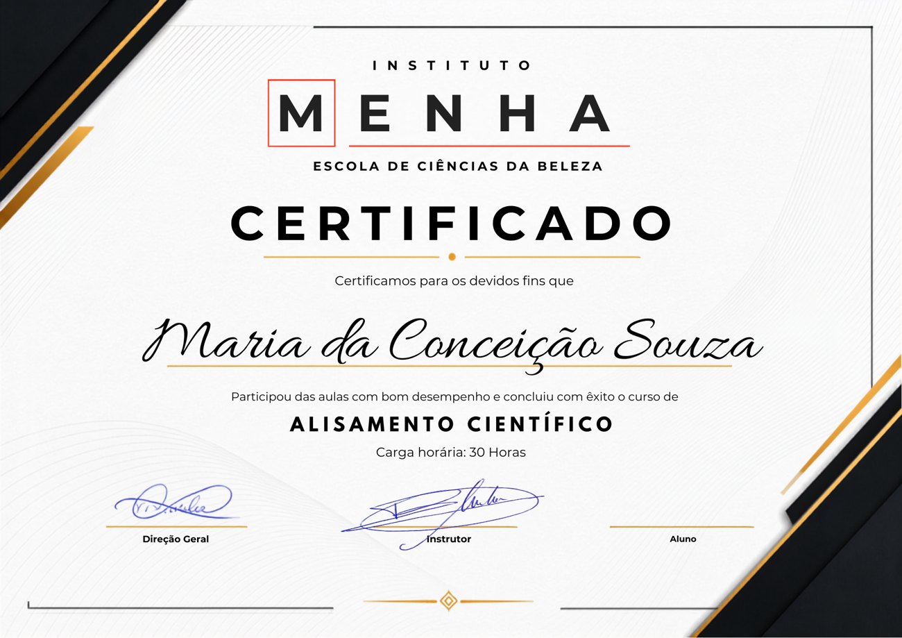 Certificado de conclusão do Instituto Menha, curso de Alisamento Científico