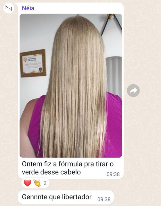 Print de WhatsApp da aluna Néia mostrando o resultado da correção de cor: cabelo loiro uniforme